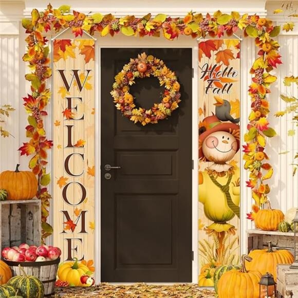 Fall Scarecrow Porch Banner Sign Welcome Fall Pumpkin Maple Leaf Banners Autumn - Picture 7 of 7